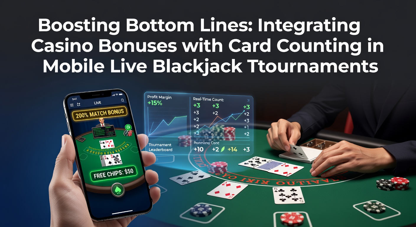 Smartphone mit Live-Blackjack-Turnier-App, umgeben von Casino-Bonus-Symbolen und Kartendecks, die Strategien wie Kartenzählen visualisieren