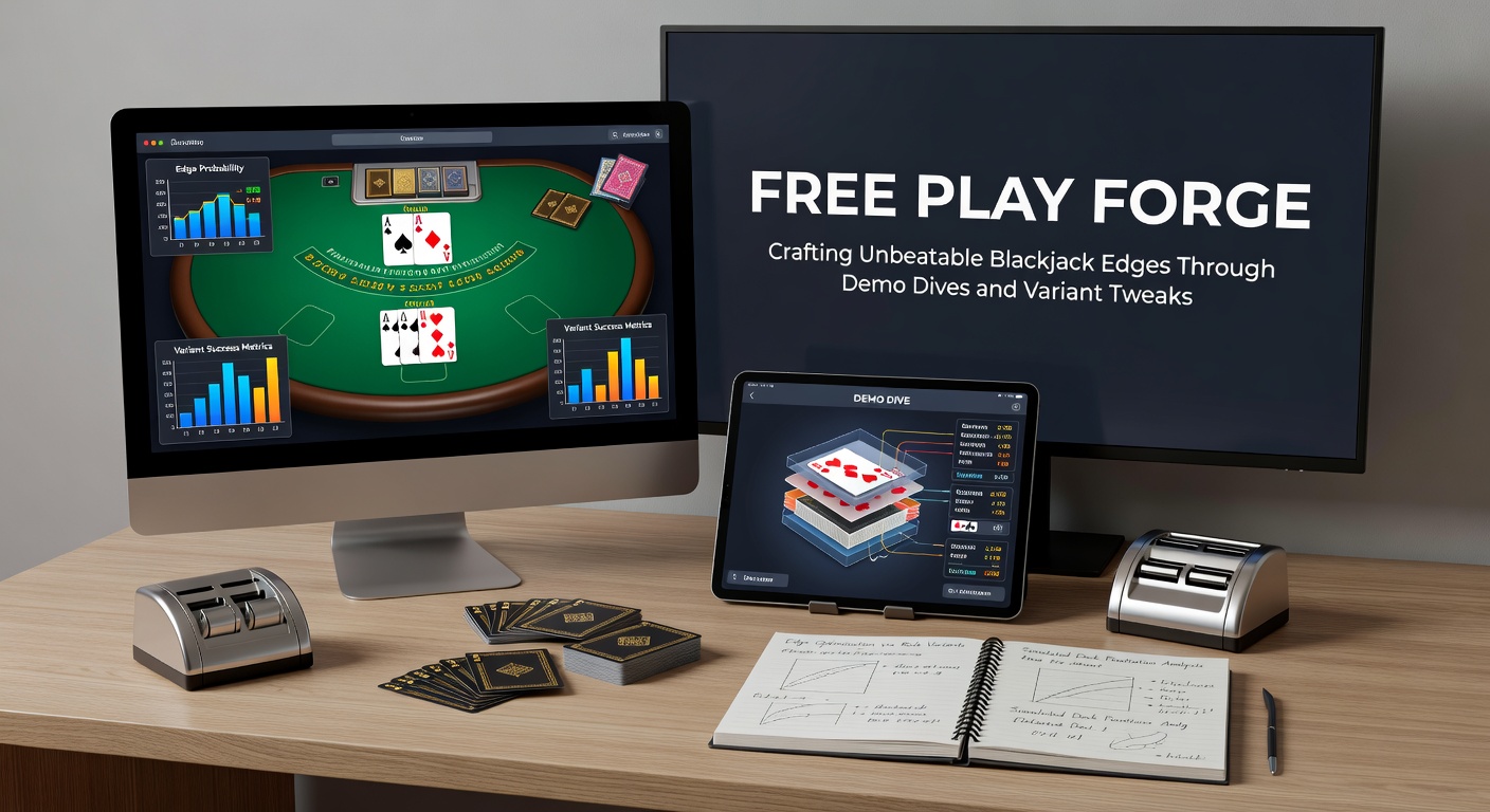 Grafik mit Strategietabelle für Blackjack-Varianten, inklusive House-Edge-Vergleich und Demo-Screenshot