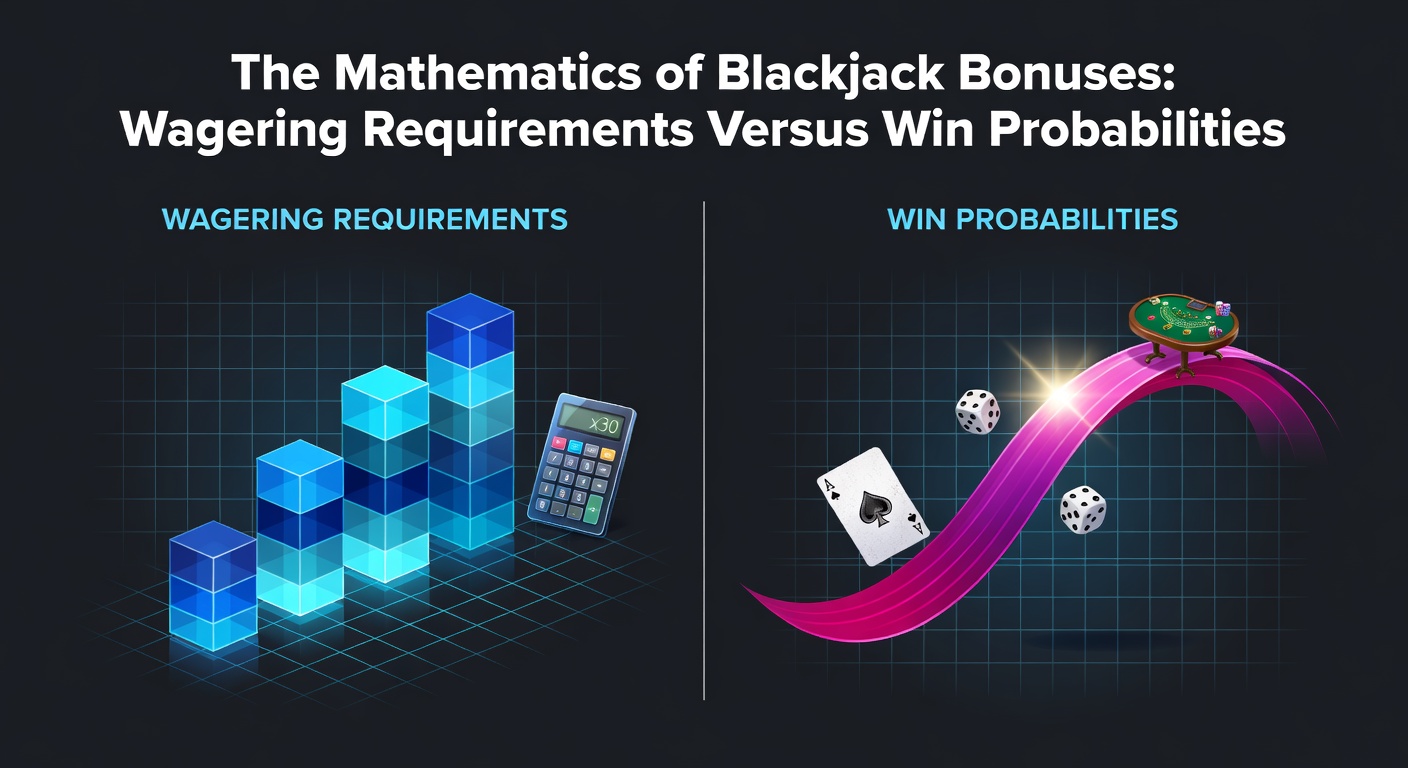 Grafische Darstellung von Blackjack-Boni, Wettanforderungen und Wahrscheinlichkeitskurven, die den Konflikt zwischen Bonusbedingungen und Spielchancen visualisieren