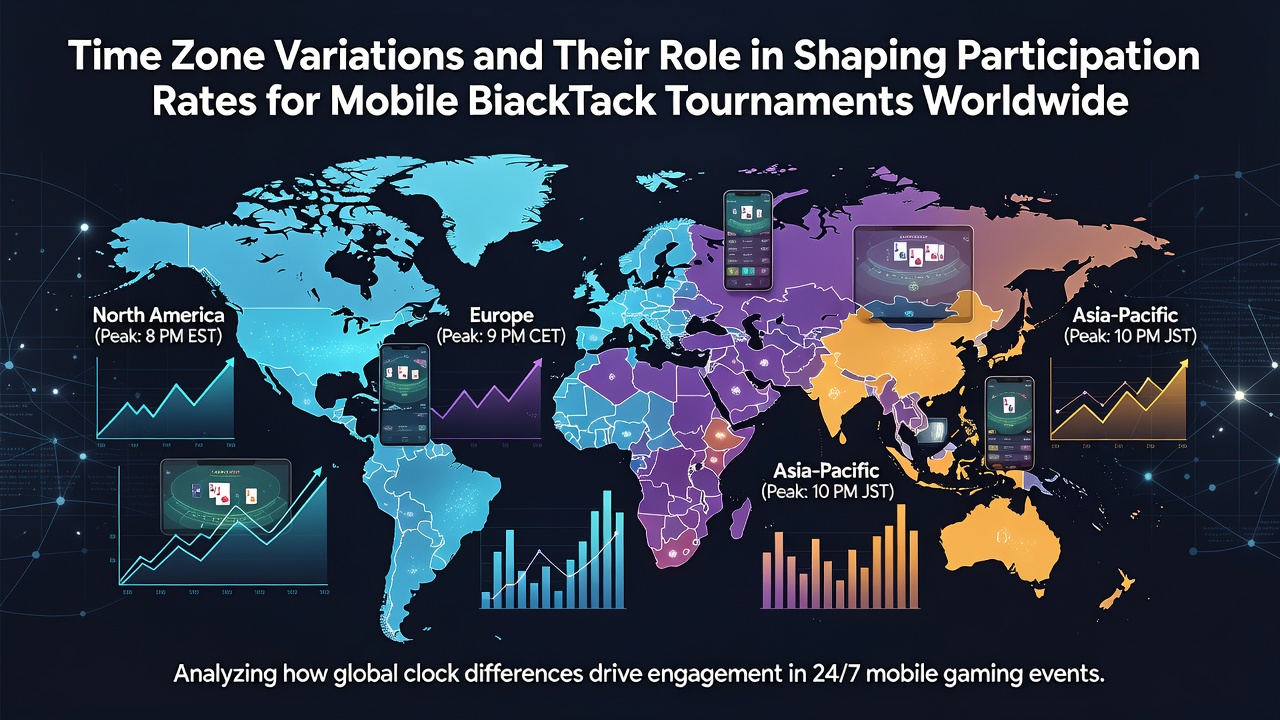 Weltkarte mit Zeitzonen und mobilen Geräten bei Blackjack-Turnieren