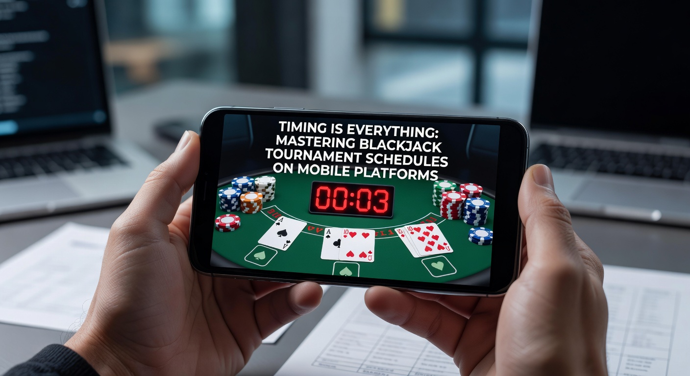 Smartphone mit Blackjack-Turnier-App im Vordergrund, Kalender und Uhrzeigersymbole umgeben das Display